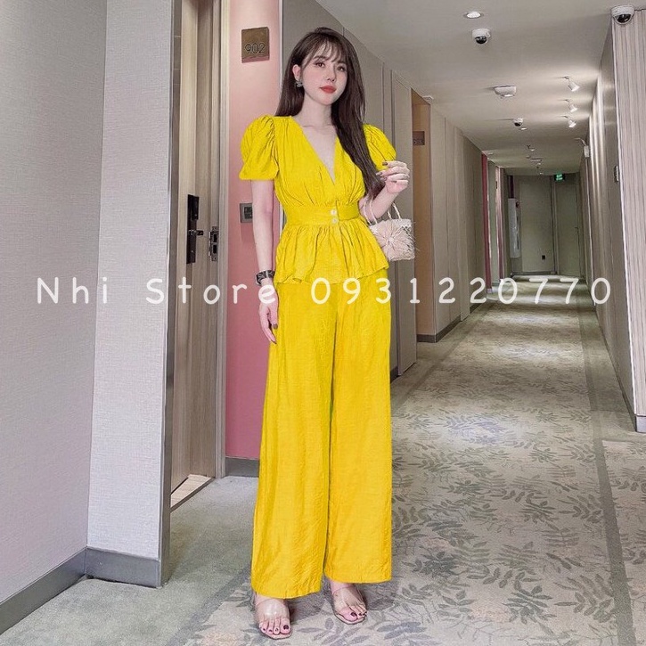 [FREESHIP 50Kg] Set Bộ Kiểu Nhistore -Bộ Quần Dài Ống Rộng Áo Cổ Đắp Tay Phồng Vải Gân Xước Freesize Dưới 57kg