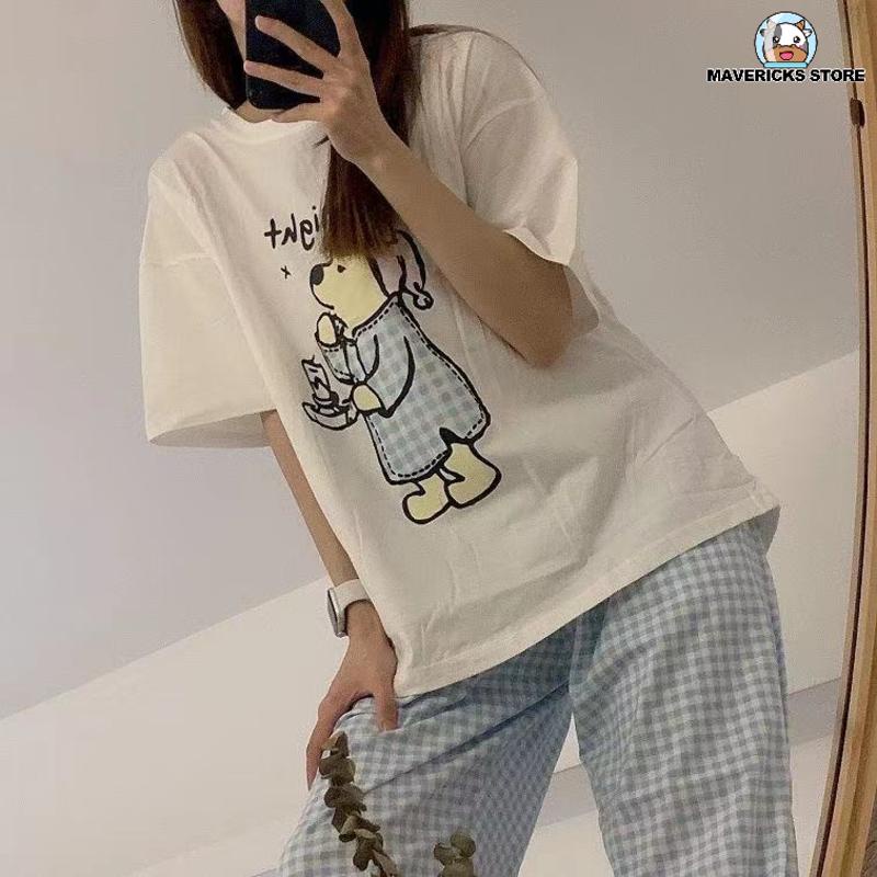 Bộ đồ ngủ tay dài in hoạt hình gấu pooh phong cách nhật bản thời trang mùa thu cho nữ