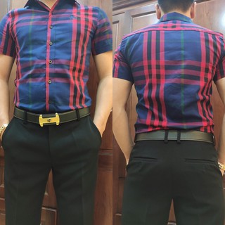 Sơ mi nam ngắn tay kẻ BBR đỏ họa tiết thêu ngực ( ảnh + video thật )