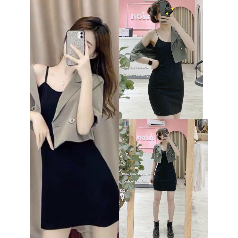 Bộ Áo Vest Kèm Váy 2 Dây Set Đầm Body Nữ Áo Khoác Ngắn Cộc Tay ( có ảnh thật )
