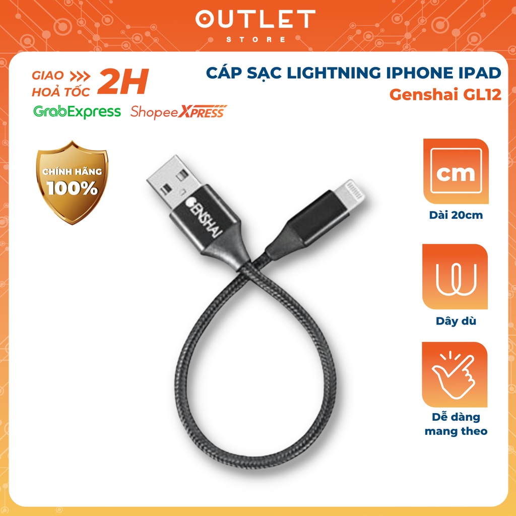 Dây Cáp Sạc Lightning iPhone iPad Bọc Nylon, Dài 20cm Genshai GL12 - Đen - Hàng Chính Hãng