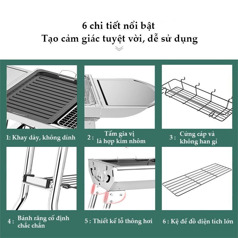 Bếp nướng BBQ ngoài trời dã ngoại nướng than hoa inox có thể gấp gọn chân cao xếp kèm phụ kiện