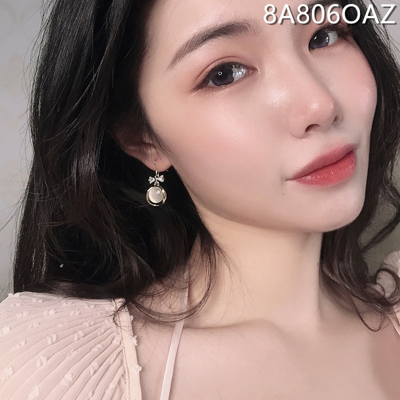 Khuyên tai nơ đính đá zircon phối mặt opal thanh lịch thời trang