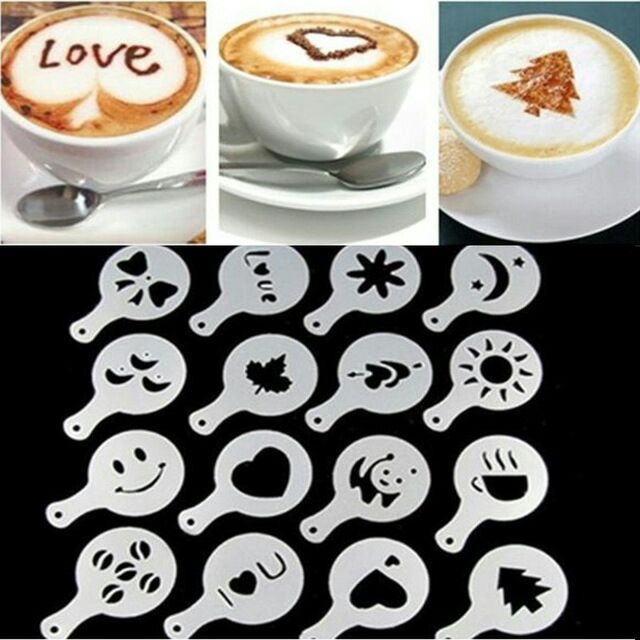Lọ rắc bột cacao matcha inox có nắp hoặc bộ khuôn rắc bột 16 tấm latte art