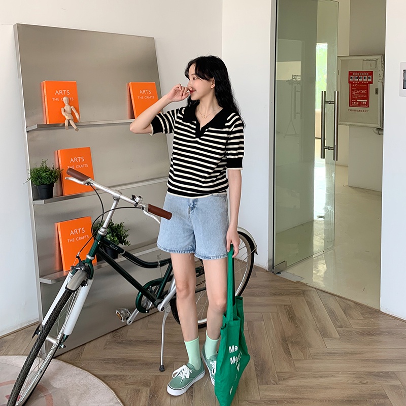 Áo thun nữ Ngắn tay Kẻ Sọc ngang Chất lụa băng Cổ V Form rộng Có Cổ bẻ POLO Áo phông nữ Tay ngắn Thời trang | BigBuy360 - bigbuy360.vn