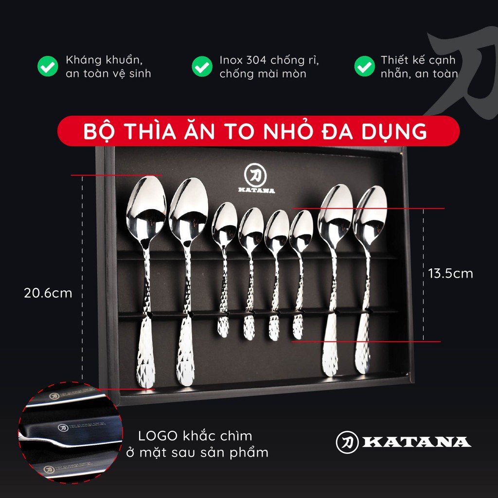 Set 8 món bàn ăn cao cấp inox 304 KATANA (4 thìa súp + 4 thìa trà) - vân trám chống bám vân tay VTK385