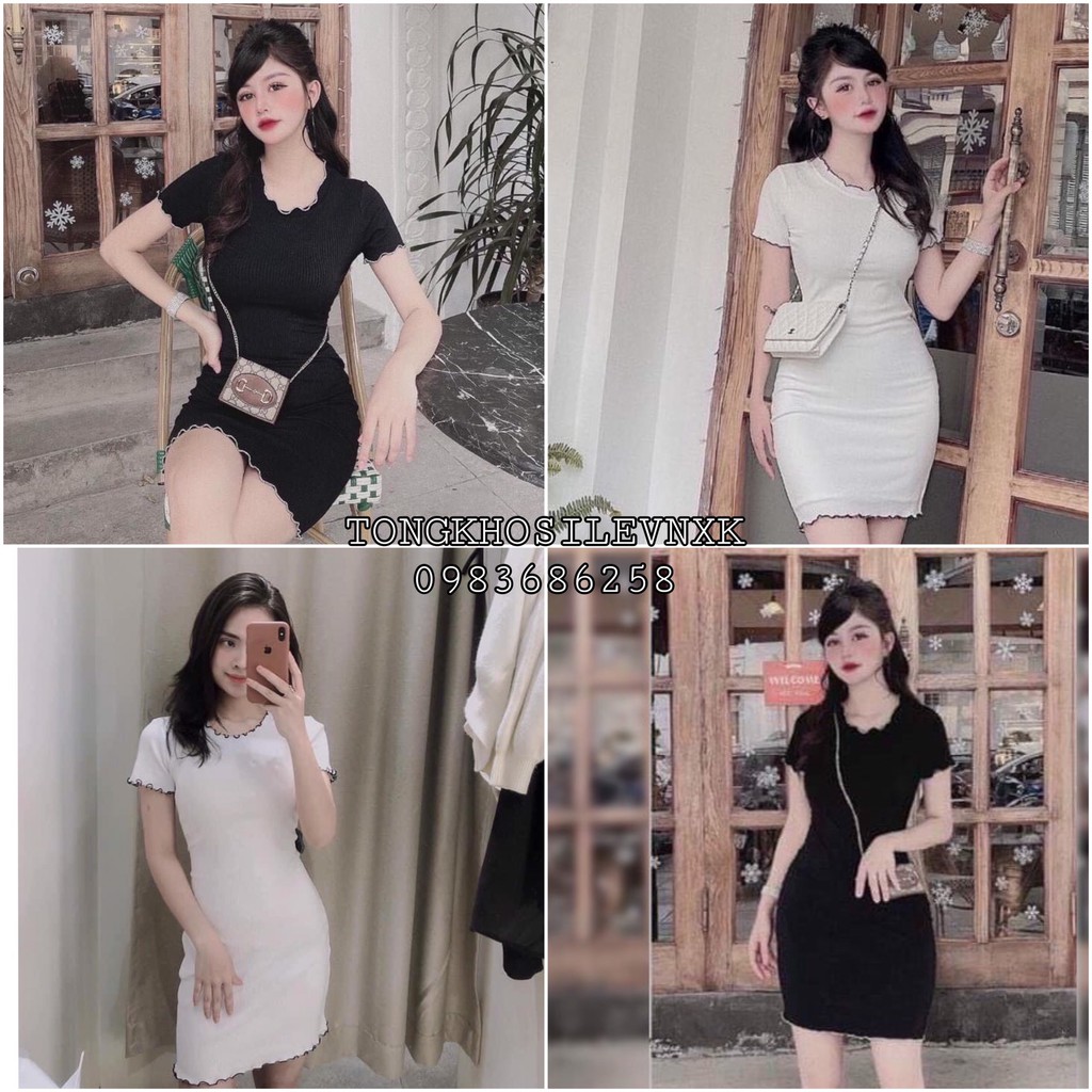 VÁY BODY VIỀN CHỈ CỘC TAY DÁNG ÔM BODY TRẮNG ĐEN - ĐẦM CHỈ NỔI VIỀN SEXY