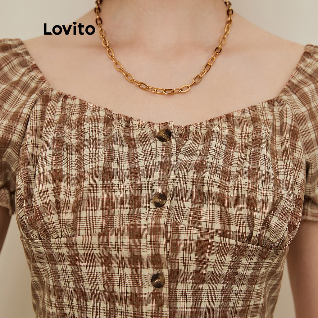 Áo Lovito dáng ngắn tay phồng ngắn vải gingham phong cách Preppy L19D014 (màu kaki)