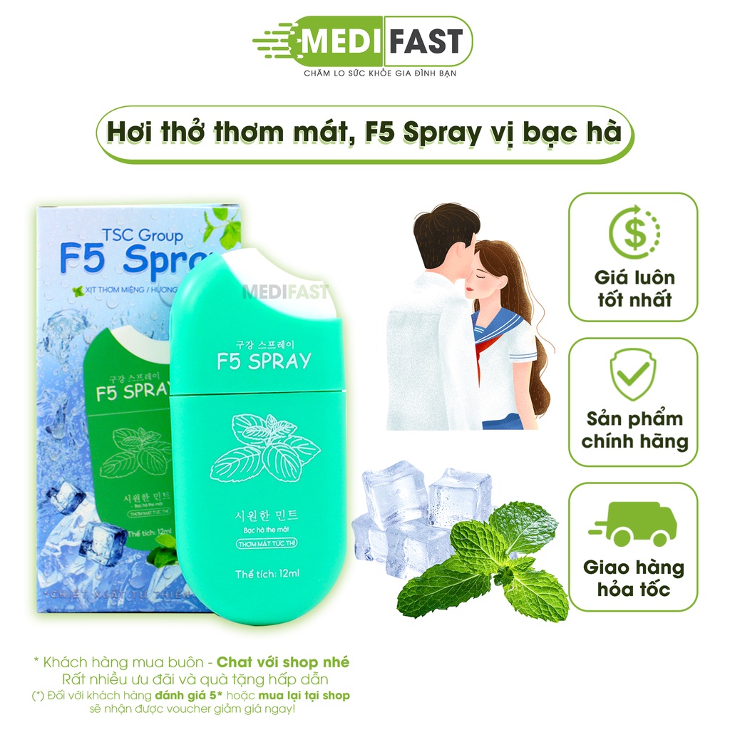Xịt thơm miệng F5 Spray Hương Bạc Hà - Vị the mát, khử mùi hôi, đem lại hơi thở thơm mát từ thảo dược thiên nhiên