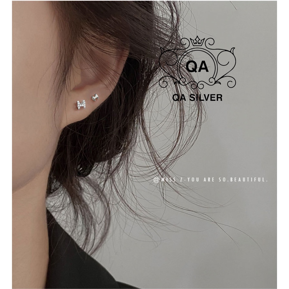 Khuyên tai bạc 925 chữ cái H đính đá bông nam nữ nhỏ S925 LETTER Silver Earrings QA SILVER EA211003