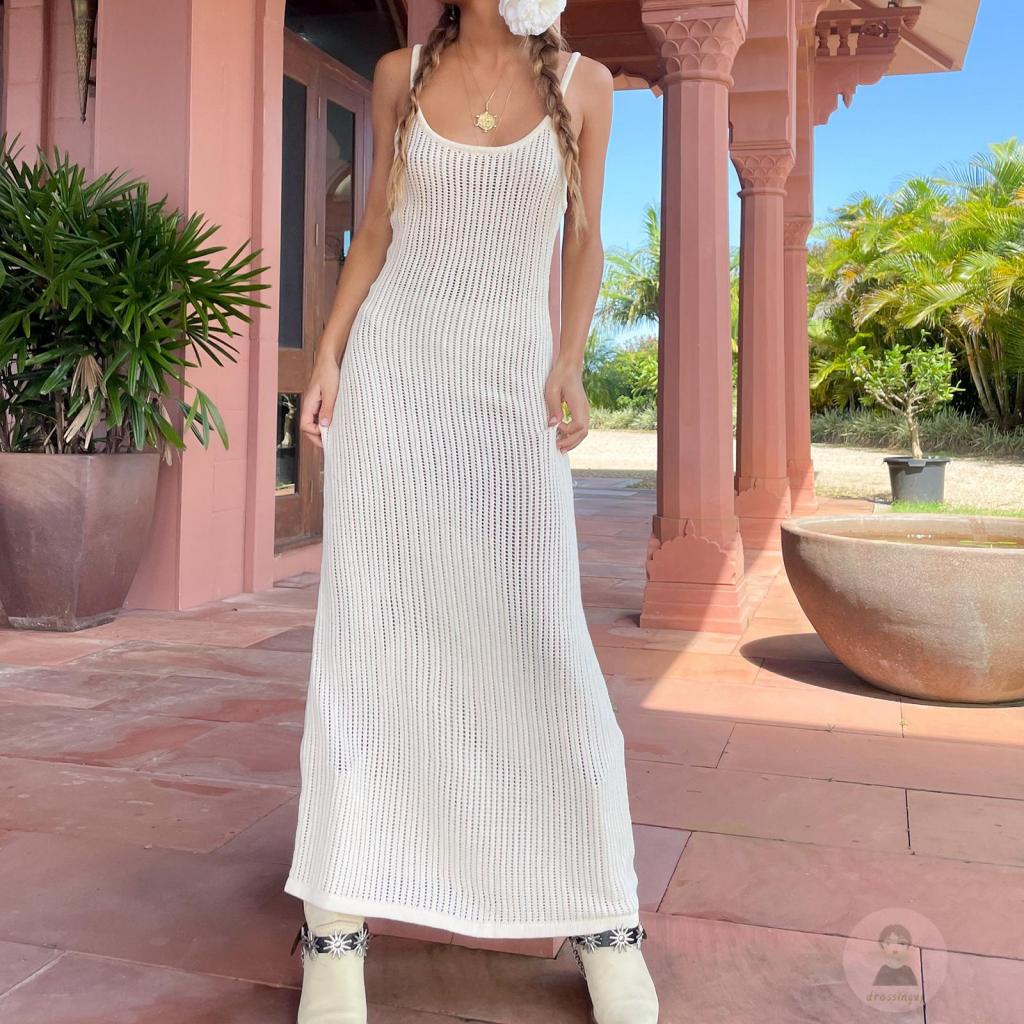 Đầm Dài Dệt Kim Không Tay Hở Lưng Màu Trơn Thời Trang Mùa Hè Dành Cho Bạn Nữ