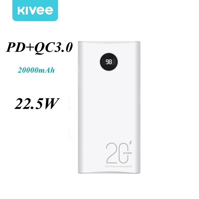 Pin dự phòng 20000mah sạc nhanh Kivee hỗ trợ giao tiếp USB / Type-C / Lightning, tích hợp đèn LED dung lượng