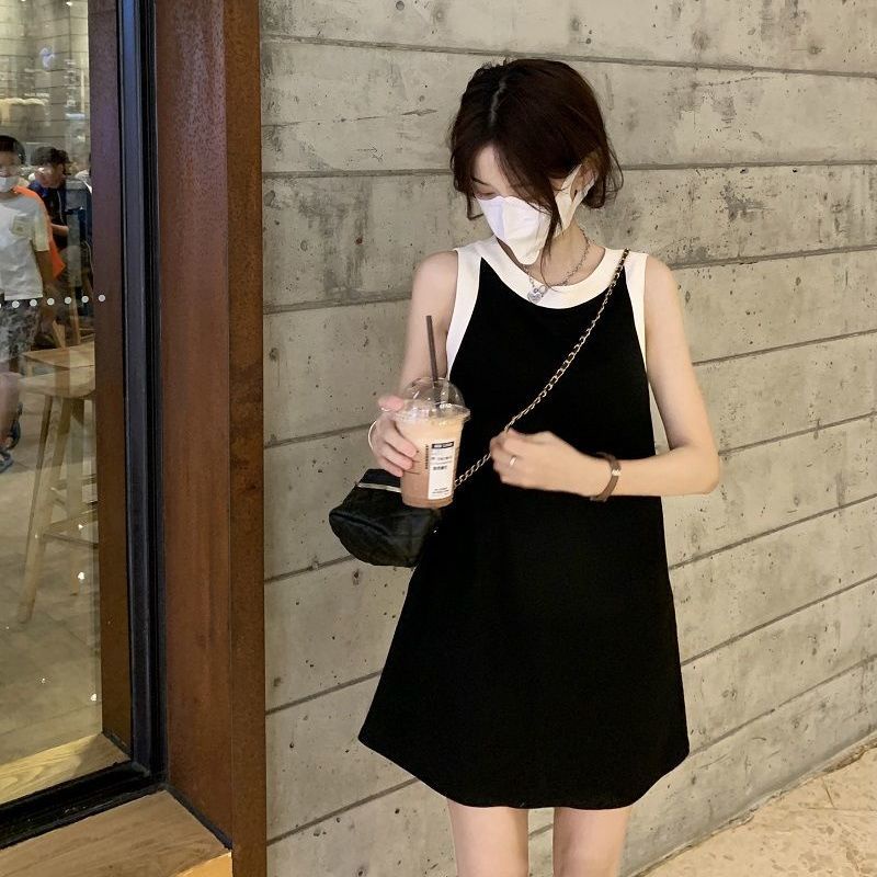 Jiashucheng Đầm Chữ A Sát Nách Ôm Eo Màu Sắc Tương Phản Thời Trang Mùa Hè Cho Nữ
