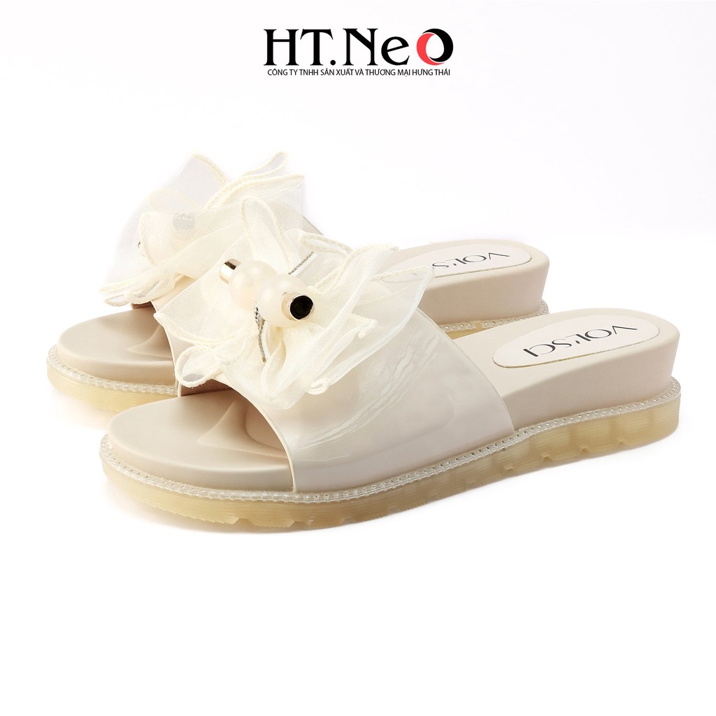 Sandal nữ HT.NEO Thiết kế đế cao su cao 3 cm cùng da mềm mại, viền dép đính đá cùng nơ vải cực xinh SDN100