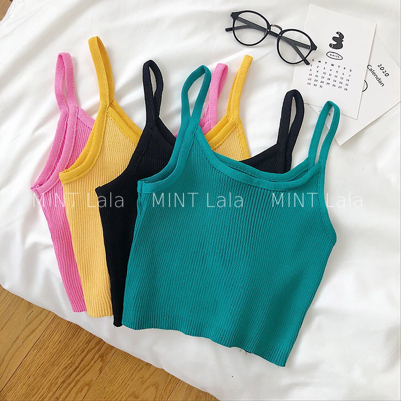 Áo Len 2 Dây Croptop Màu Đen Xanh Thời Trang Cho Nữ