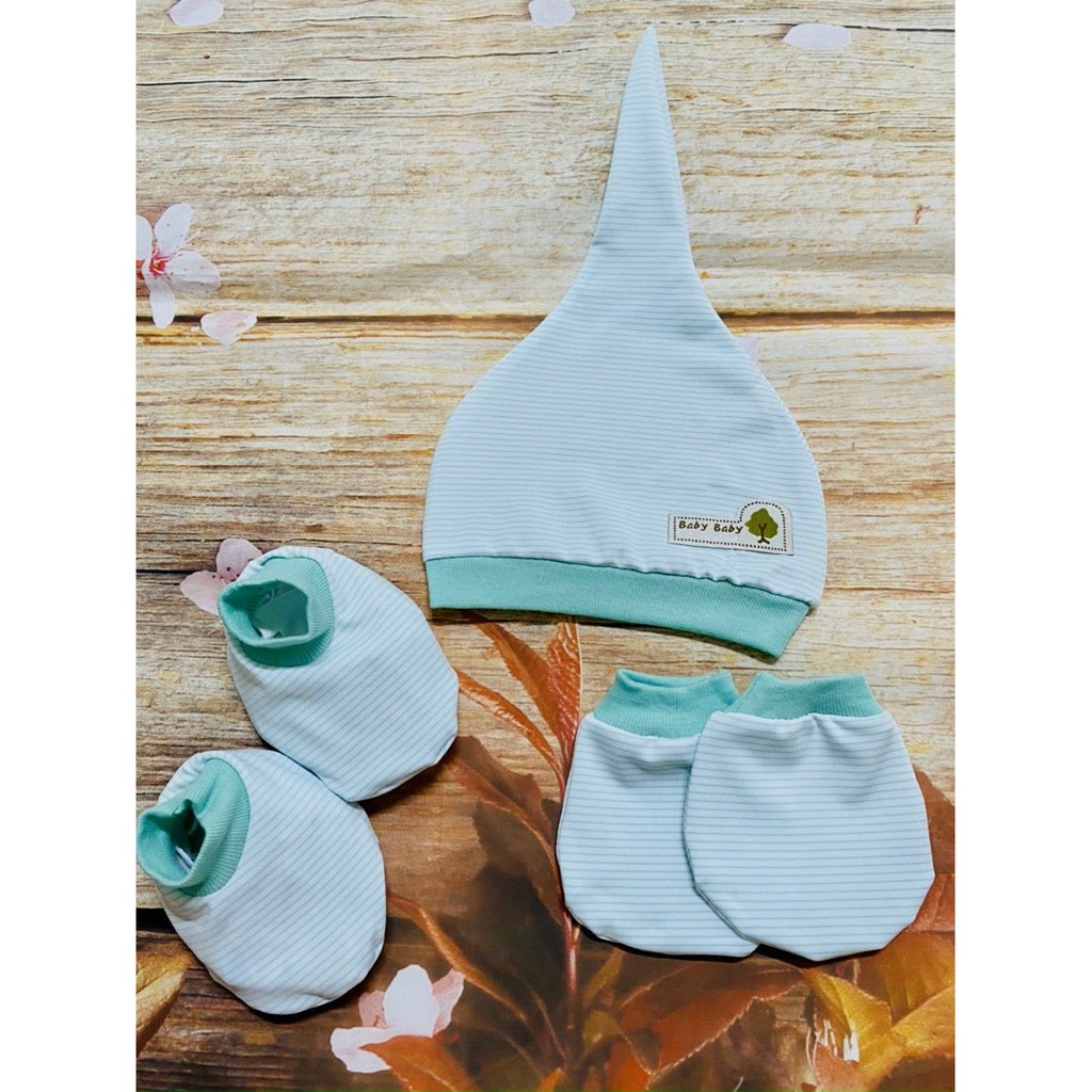 Set Mũ, nón sơ sinh kèm bao tay, bao chân vải cotton kẻ mềm mại