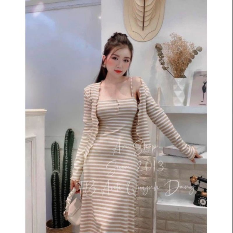 Set đầm body 2 dây kẻ sọc phối nút cài ngực Form dài chất thun co giãn + Áo khoác dài tay