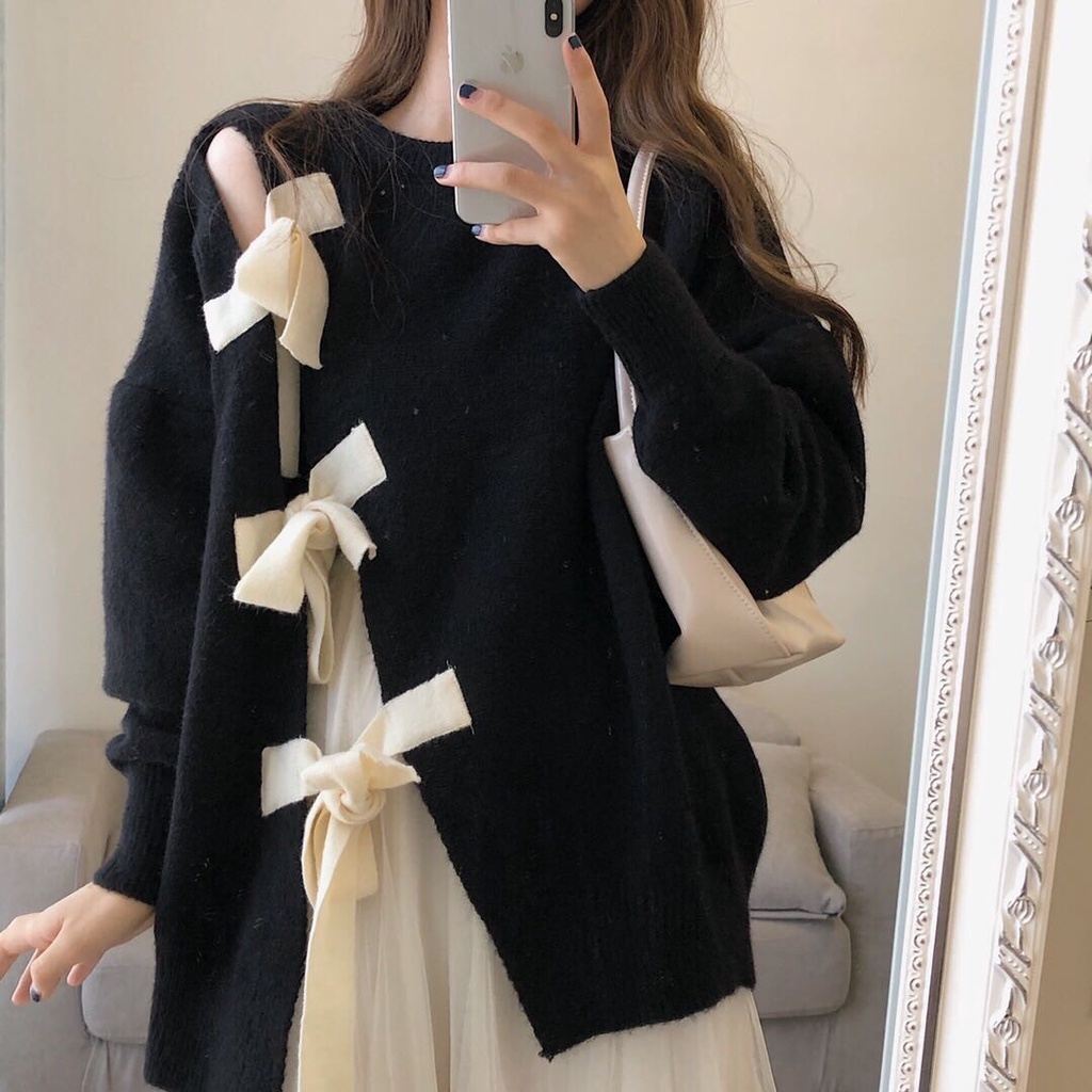 {HCM / CÓ SẴN / ẢNH THẬT} ÁO LEN NỮ MÀU ĐEN CỘT NƠ XINH XẮN PHONG CÁCH HÀN QUỐC