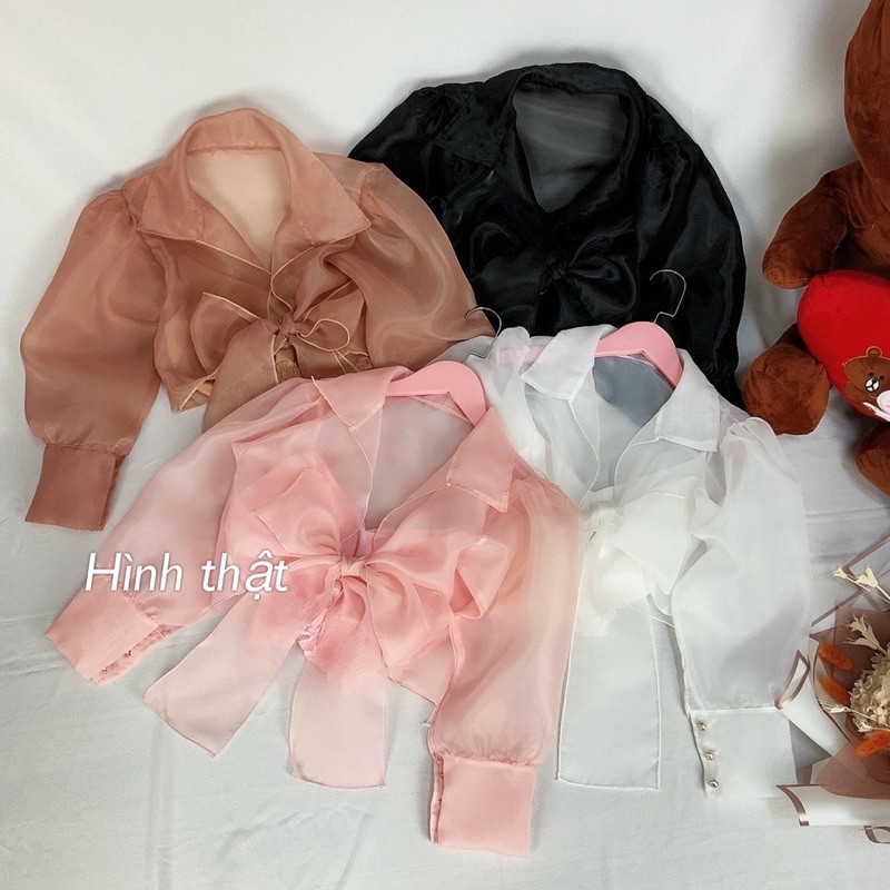 Áo tay phồng voan kiến cột nơ croptop, tăngj kèm áo lot trong - C6U