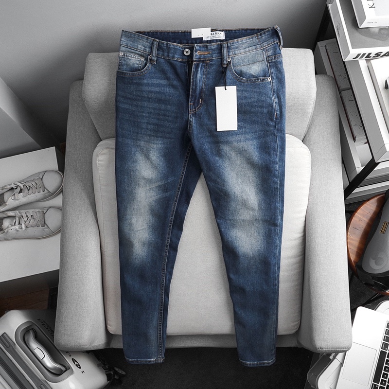 Quần jean nam màu xanh xuất khẩu cao cấp jean co giãn ống ôm