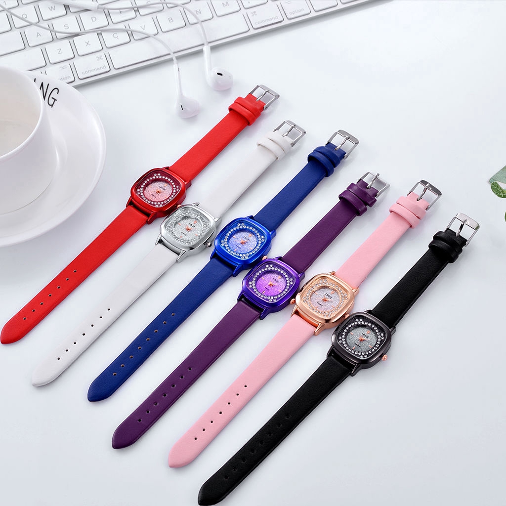 Đồng hồ mặt vuông đính đá phối dây da thời trang cho nữ