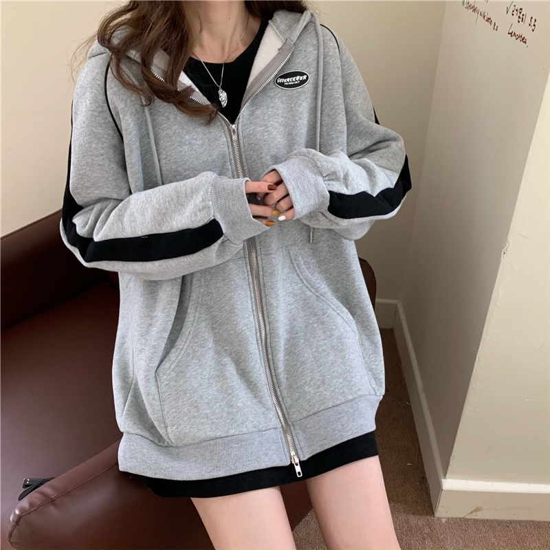 Áo Khoác Hoodie Dáng Rộng Có Khóa Kéo Phong Cách Retro Đơn Giản
