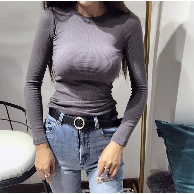 Thể Hiện Ngực Thấp Cổ Tròn Nửa Tay Áo Thun Đơn Giản Nhẹ Phong Cách Cơ Bản Gợi Cảm Phong Cách Phương Tây Bé Gái Slim-fit Ôm Hơn Nhìn Đáy Áo Sơ Mi Nửa Tay Th