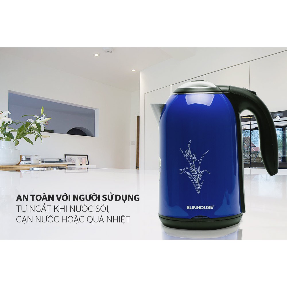 Ấm siêu tốc inox 2 lớp vỏ nhựa cách nhiệt 1.7lit Sunhouse SHD1382B - màu xanh