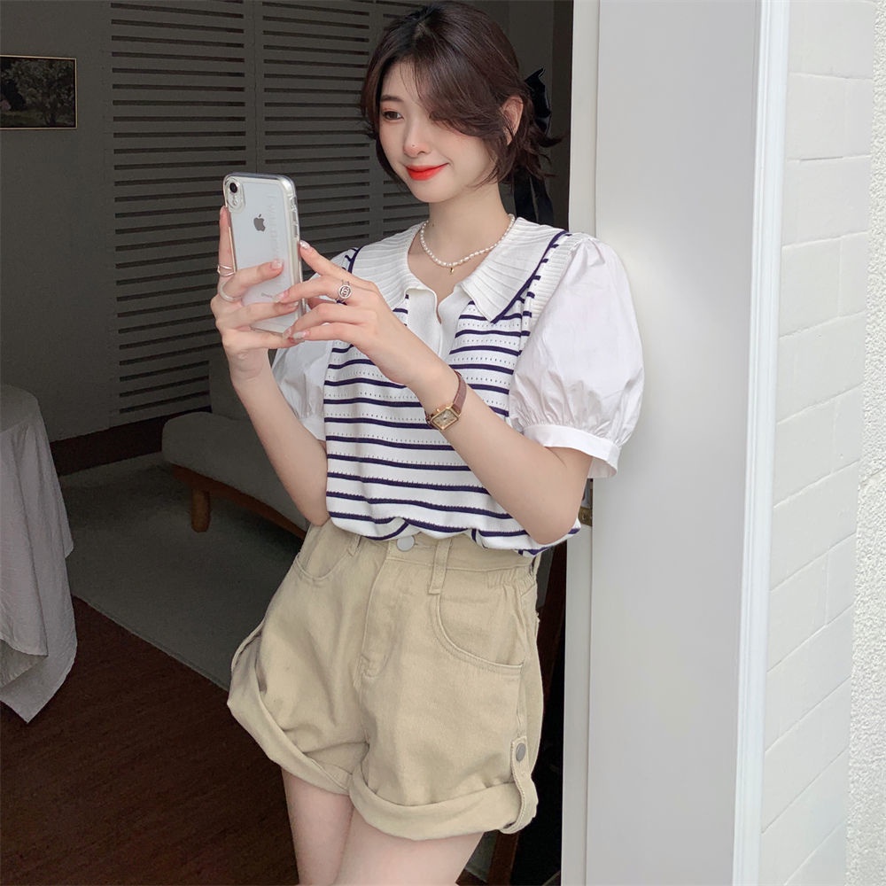 Áo Thun polo Giả Hai Lớp Tay Phồng Họa Tiết Kẻ Sọc Dành Cho Nữ JL-TX-513