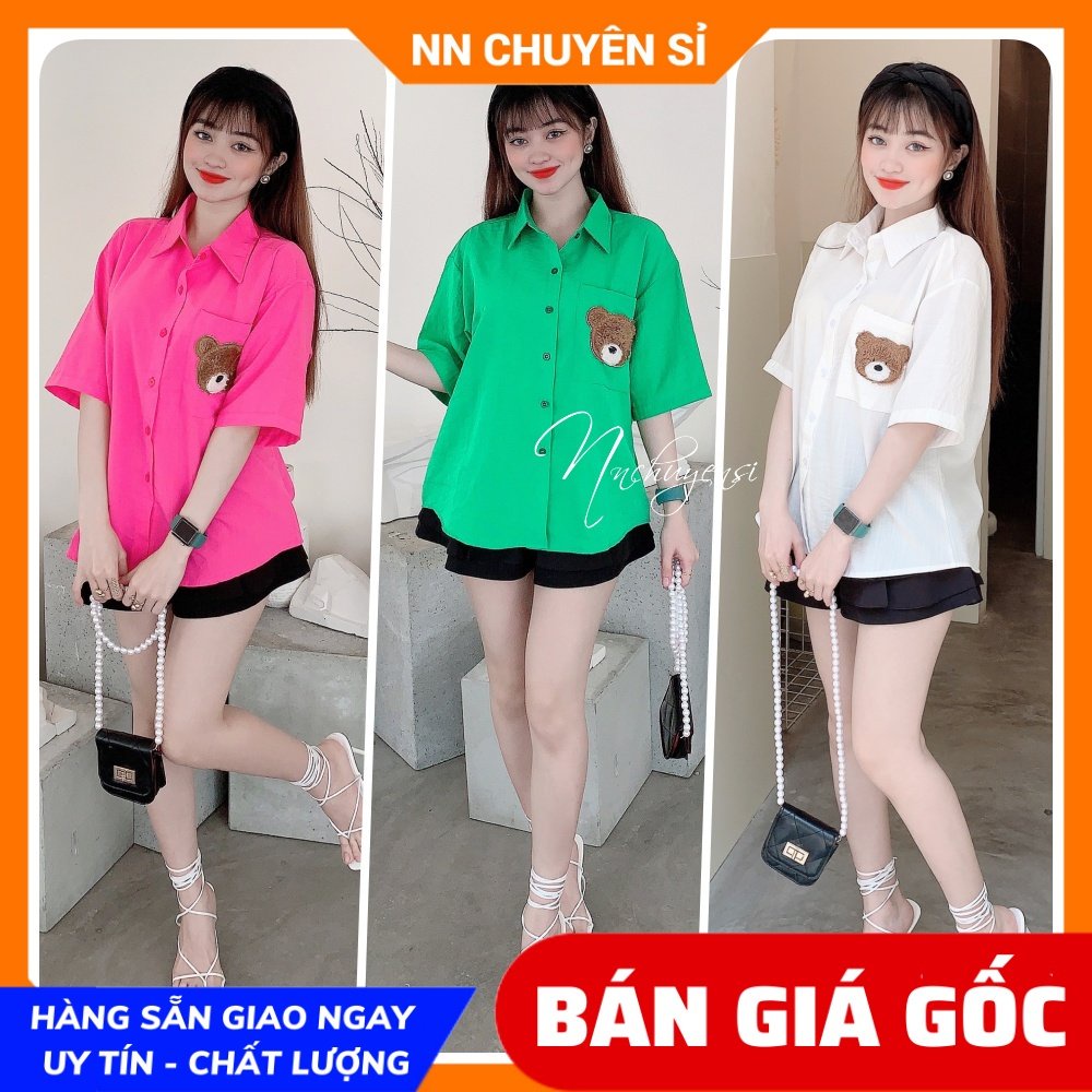 Áo sơ mi công sở nữ tay ngắn thêu gấu dễ thương chất vải mềm mát MT1978