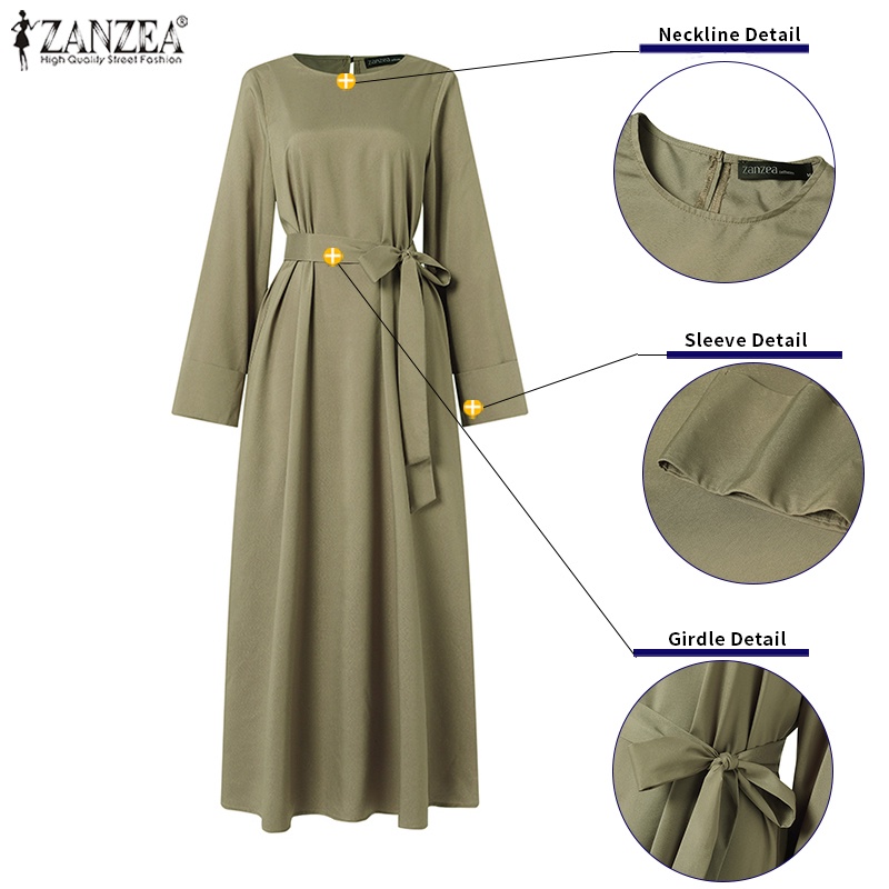 Zanzea Đầm Maxi Tay Dài Cổ Tròn Màu Trơn Phong Cách Đường Phố Cho Phụ Nữ Hồi Giáo