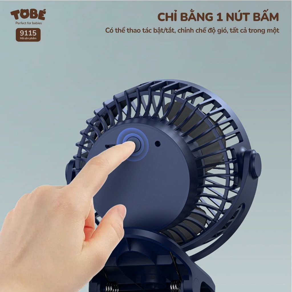Quạt tích điện mini Tobe nhỏ gọn, cầm tay, để bàn, kẹp xe đẩy cho bé pin 10000mAh