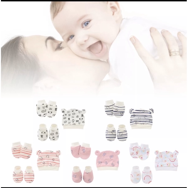 Set mũ, bao tay, bao chân cotton cho bé sơ sinh