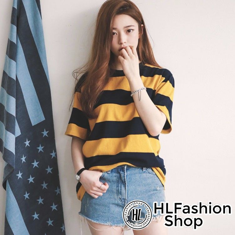 Áo thun tay lỡ form rộng sọc vàng đen, áo phông nam nữ size HLFashion 💝