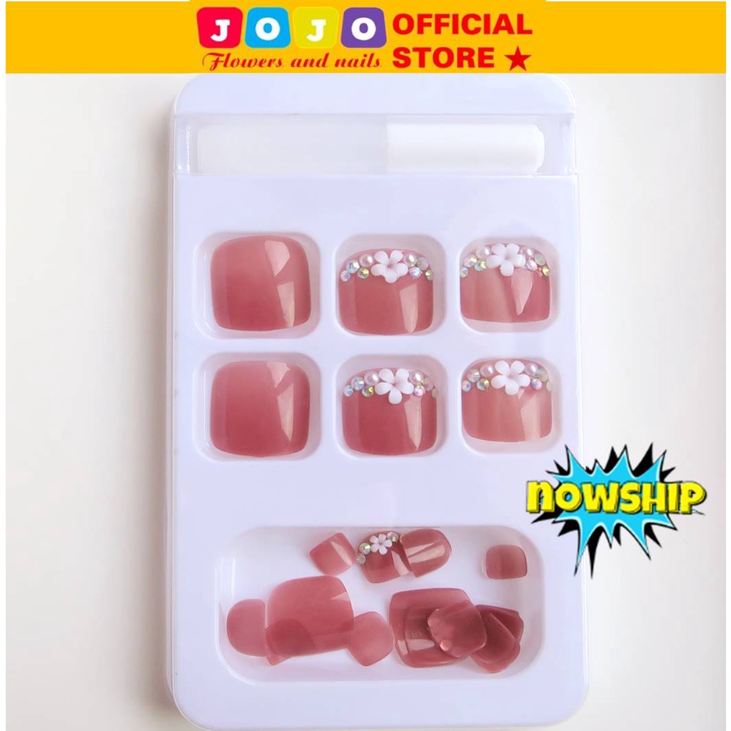 Bộ 24 móng chân giả Jojo móng giả đính hoa đá J75 nail box rẻ đẹp sang chảnh kute kèm keo gắn tự làm tại nhà