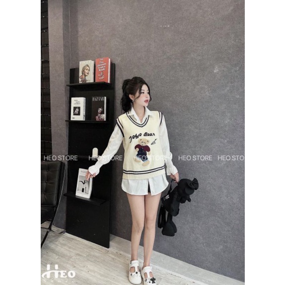 Set áo 2 món Gile nỉ tăm phối sơ mi trắng tay chun giá rẻ cực xinh. Gile hình in gấu cổ tym đẹp