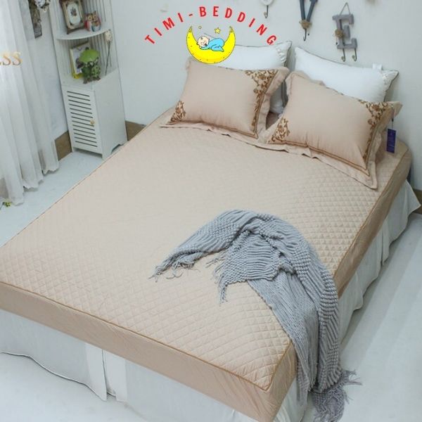 Bộ ga gối lụa 60s chun trần bông Happiness cao cấp mùa hè thoáng mát, sang trọng – Timibedding