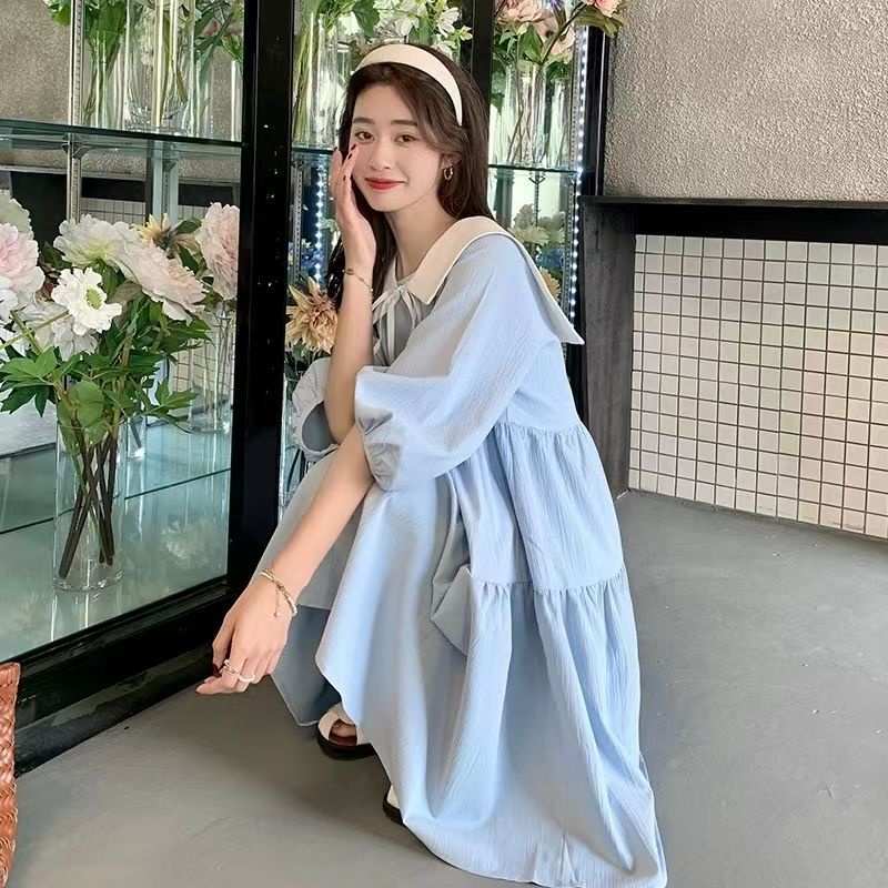 Đầm Tay Phồng Dài Cổ Búp Bê Form Rộng Phong Cách Retro Nhật Bản Cho Nữ