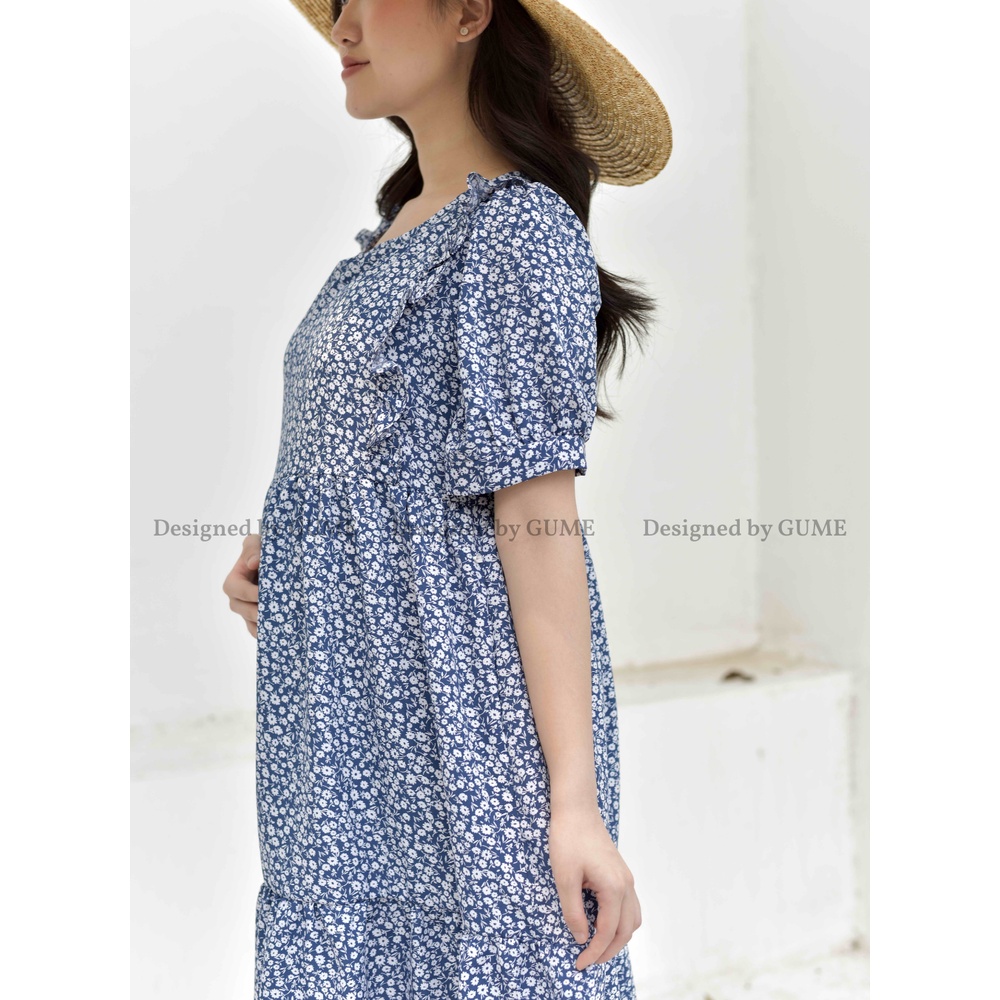 Váy bầu bigsize thiết kế GuMe dáng babydoll 3 tầng tay bo chất vải đũi hàn hoa nhí dễ thương sz từ 40-100kg GM018