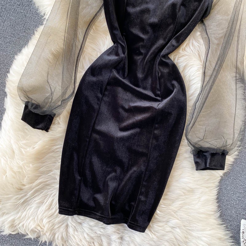 Đầm Nhung Dự Tiệc Hở Ngực Phối Tay Hàng Thiết Kế Tôn Dáng Sang Trọng | BigBuy360 - bigbuy360.vn