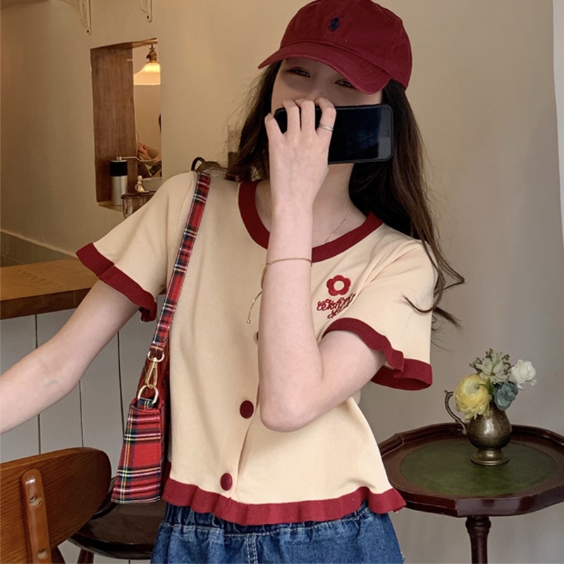 Áo dệt kim ZHELIHANGFEI tay ngắn thêu họa tiết màu sắc tương phản phong cách retro thời trang mùa hè cho nữ