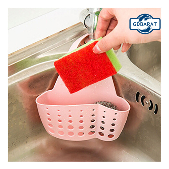 Giỏ đựng miếng xốp rửa chén có hai ngăn đục lỗ thoát nước giúp sắp xếp gọn gàng cho bồn rửa chén