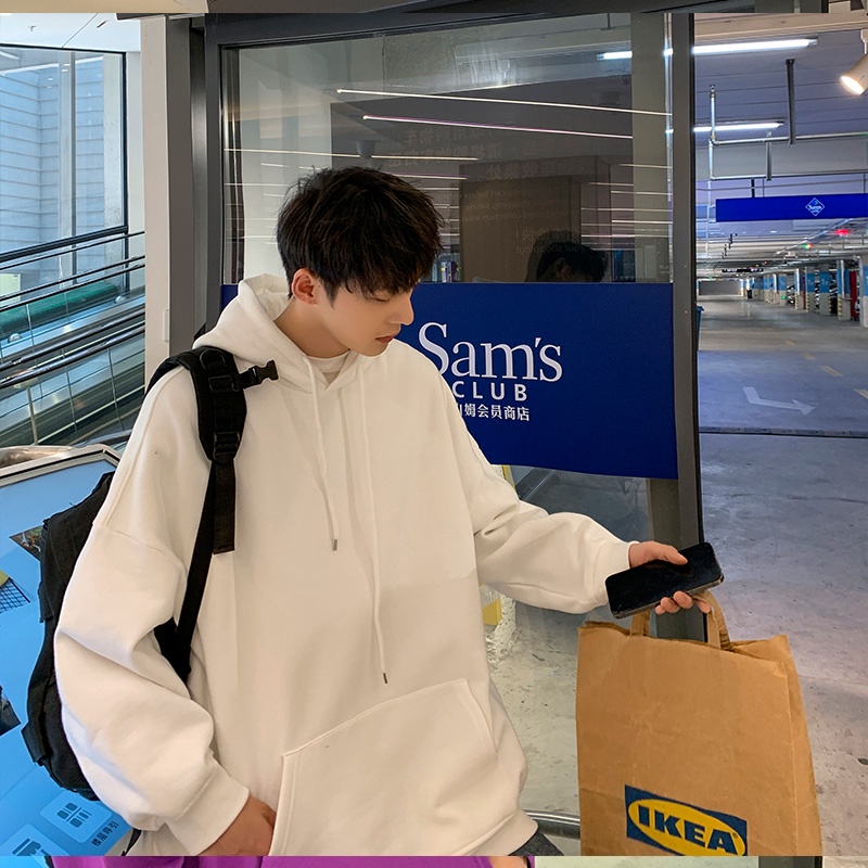 Áo hoodie tay dài dáng rộng màu trơn thời trang mùa đông dành cho nam