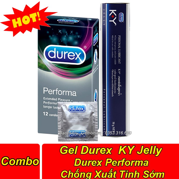 [CAM KẾT CHÍNH HÃNG] Gel Bôi Trơn Âm Đạo Durex KY Jelly 50g & Bao Cao Su Durex Performa Chống Xuất Tinh Sớm (Hộp 12 Bao)