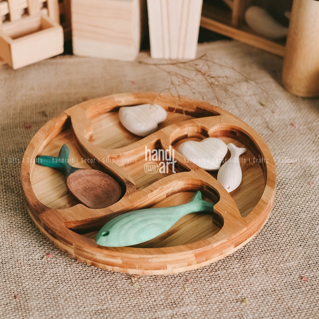 Khay gỗ tre tròn đựng bánh - Khay gỗ tre tròn nhiều ngăn - bamboo wooden tray