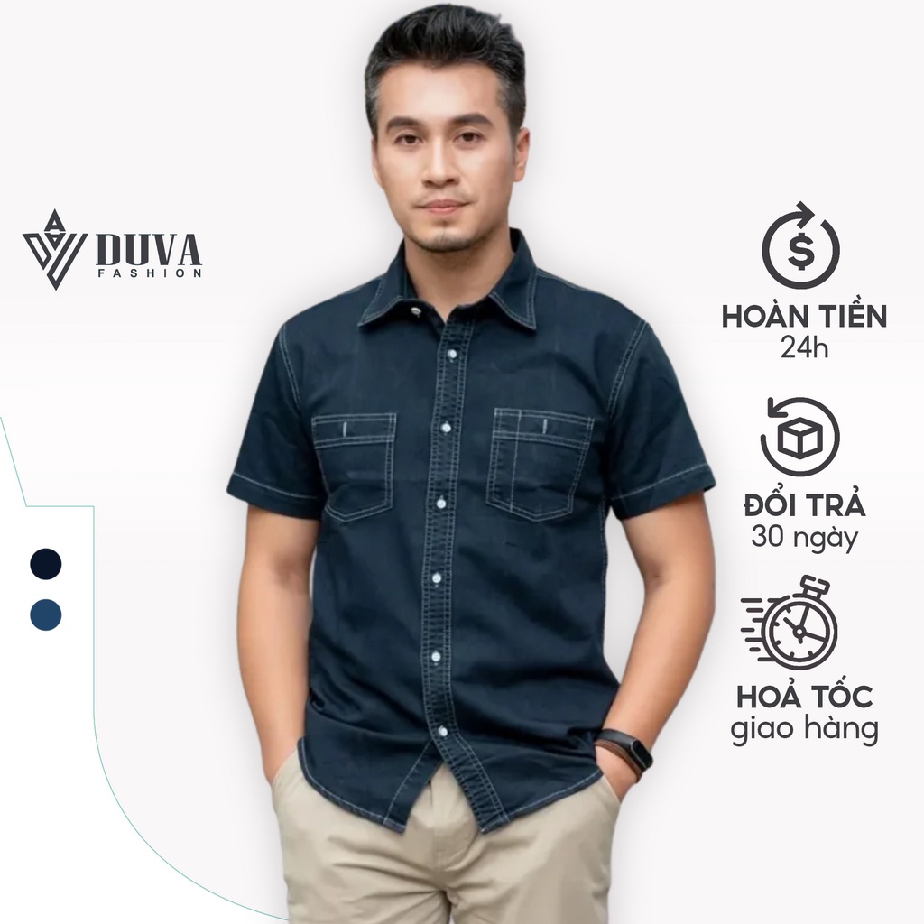 Áo sơ mi nam tay ngắn DUVA chất liệu denim cao cấp, mềm mịn, co giãn bền màu SM03