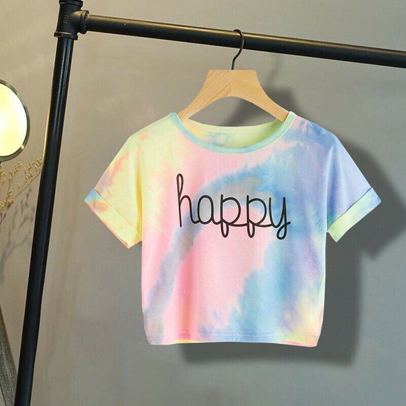 Áo thun Crop top tay ngắn in chữ Goodluck0 Happy nhiều màu sắc thời trang mùa hè cho nữ
