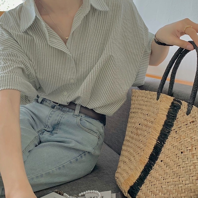 Áo Sơ Mi Nữ Ngắn Tay Kẻ Sọc Phong Cách Hàn Quốc Mới