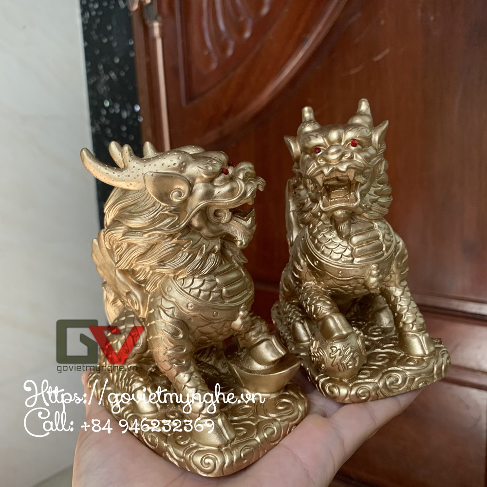 Cặp 2 Tượng Đá Tỳ Hưu 2 Sừng - Trang Trí Bàn Làm Việc - Cao 12cm - Màu Nhũ Vàng