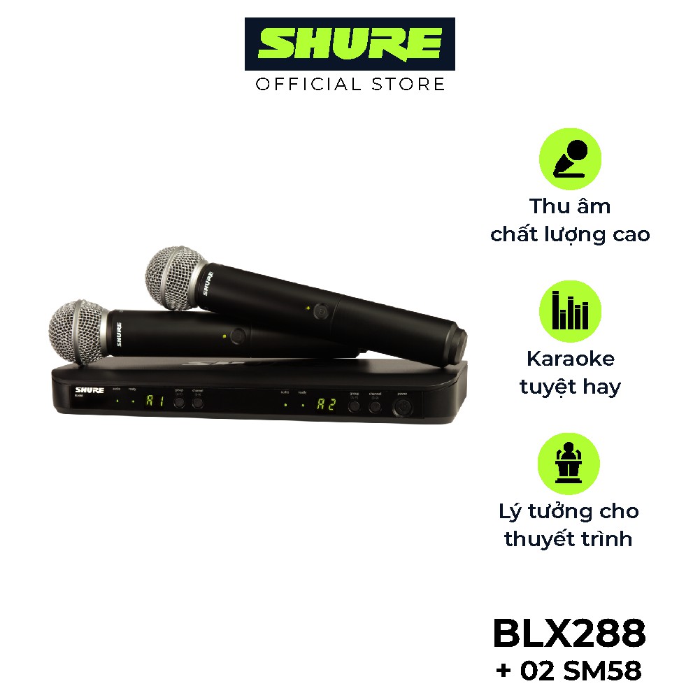 Micro không dây Shure BLX288A/SM58 nổi tiếng - Hàng chính hãng - Micro chuyên dùng cho Karaoke, biểu diễn chuyên nghiệp